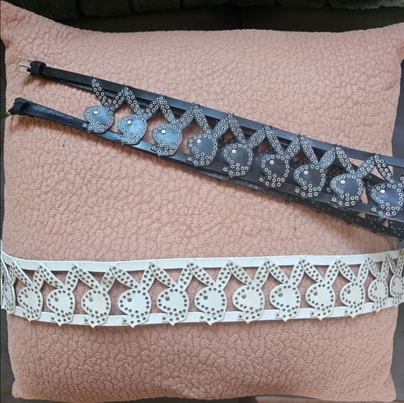 Vintage RARE Y2K AUTHENTIC Playboy White Leather Grommet Studded Belt Large - Picture 1 of 6